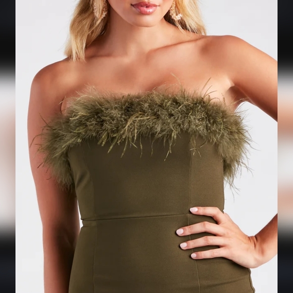 Windsor Medium Olive Green Monica Formal Dress Feather Trim Strapless Split Long - Picture 3 of 16